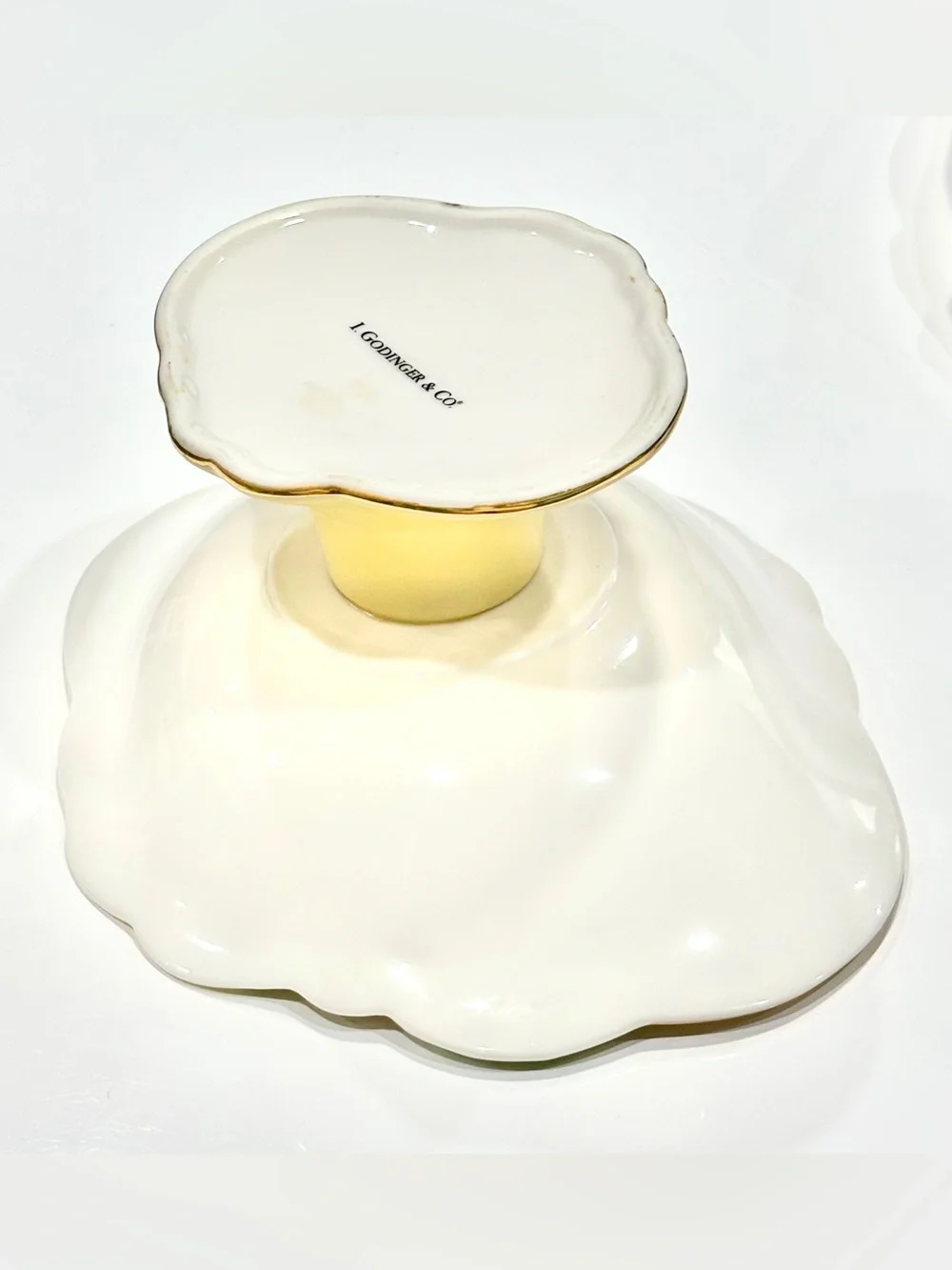 I. GODINGER & Co Yellow Ceramic Pedestal Bowl, Raised Pink Flowers, Golden Trims